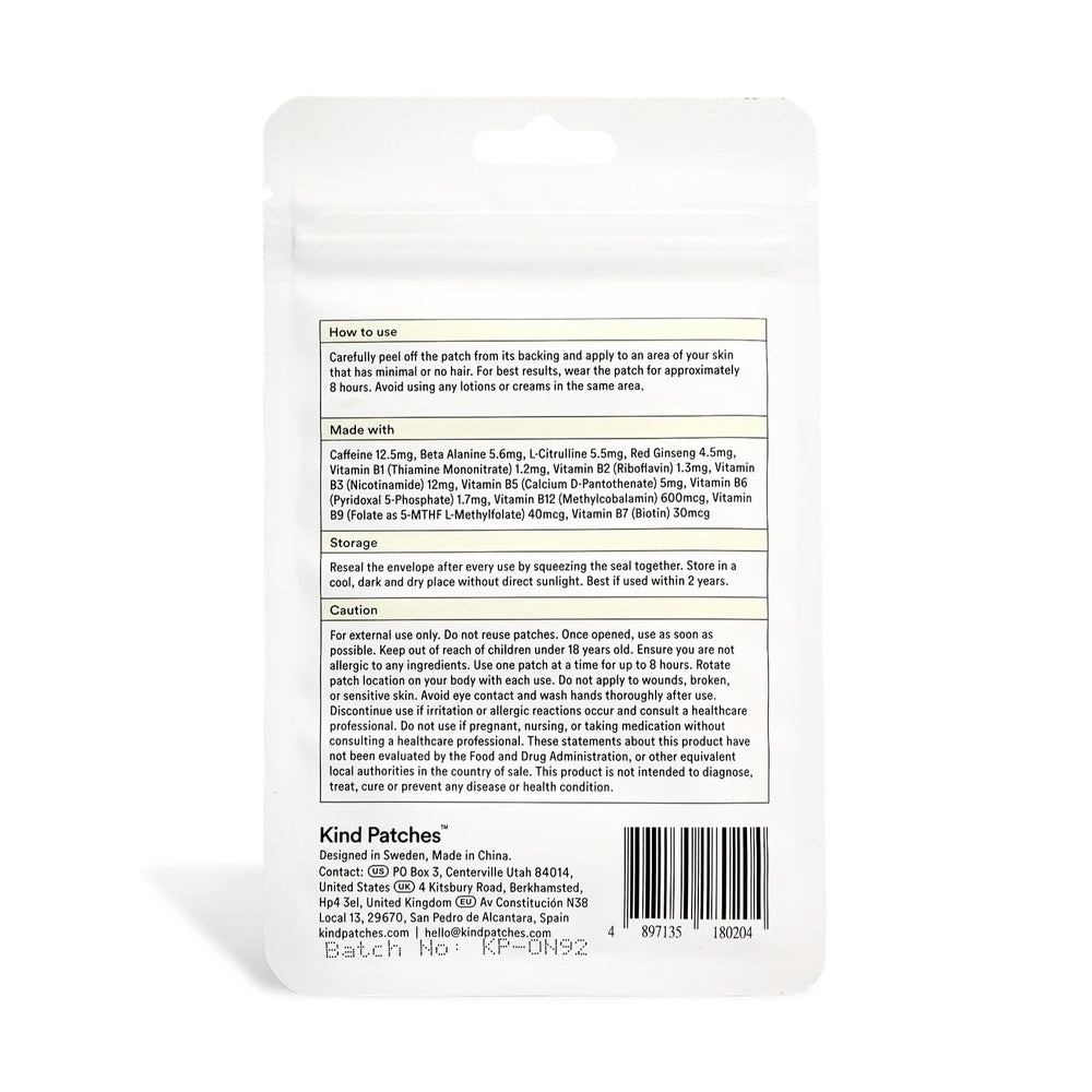 Kind Patches etiqueta con ingredientes como ginseng, L-citrulina y guaraná