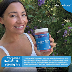 kindnature alfa-lipoico gomitas 600 mg, frasco con tapa y etiqueta legible