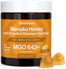 Envase frontal kindnature de gominolas Miel Manuka MGO 643+ mostrando diseño y beneficios