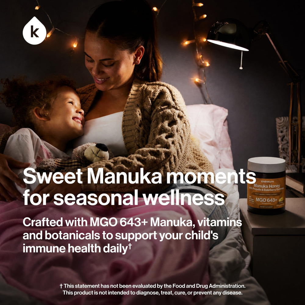 Ingredientes naturales kindnature: saúco y própolis junto a la miel de Manuka de Nueva Zelanda