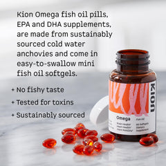 Kion Omega cápsulas mini en la mano, fácil de tragar y sin regusto