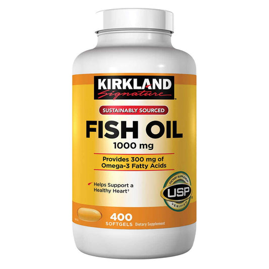 Kirkland Signature Aceite de Pescado 1000 mg en botella, apoyo para la salud diaria.