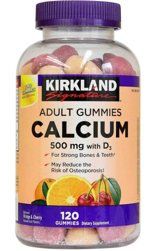Kirkland Signature calcium gummies bottle with vitamin D3 for daily supplement convenience.