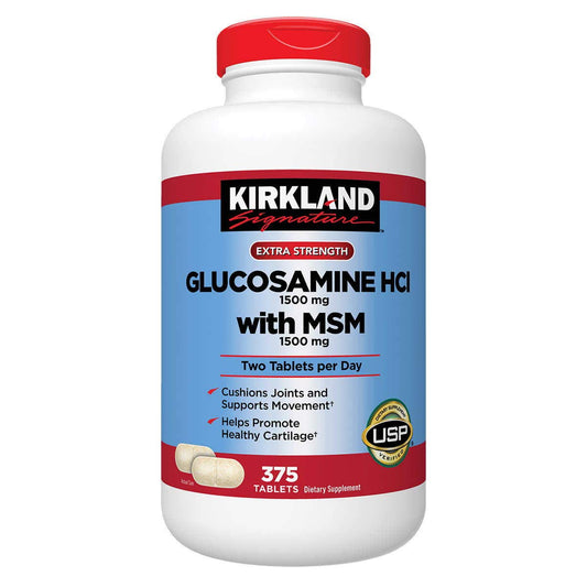 Kirkland Glucosamina con MSM, envase de 375 tabletas para movilidad y confort diario.