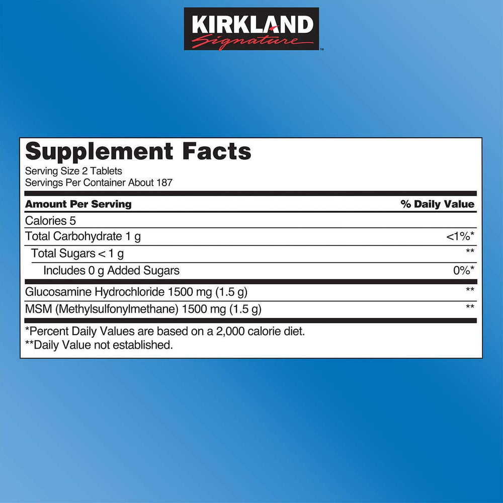 KIRKLAND Glucosamina con MSM, etiqueta del producto, soporte para articulaciones y cartílago.