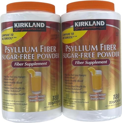 Kirkland Sugar-Free Psyllium powder being stirred in water for easy hydration.