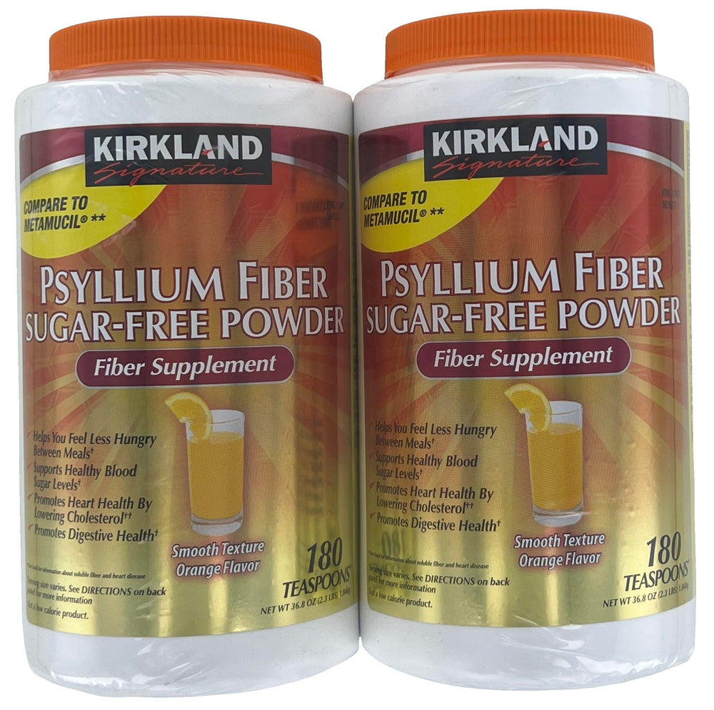 Kirkland label on psyllium powder highlighting 360 doses for daily fiber.