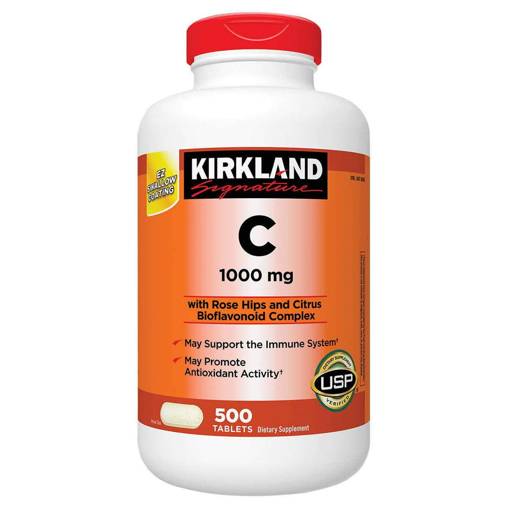 KIRKLAND Vitamina C 1000 mg con rosa mosqueta, botella visible, apoyo diario al sistema inmunitario.