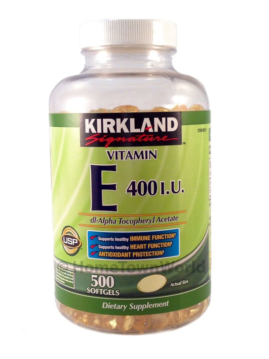 Vitamina E de KIRKLAND en botella con 500 cápsulas blandas para uso diario.