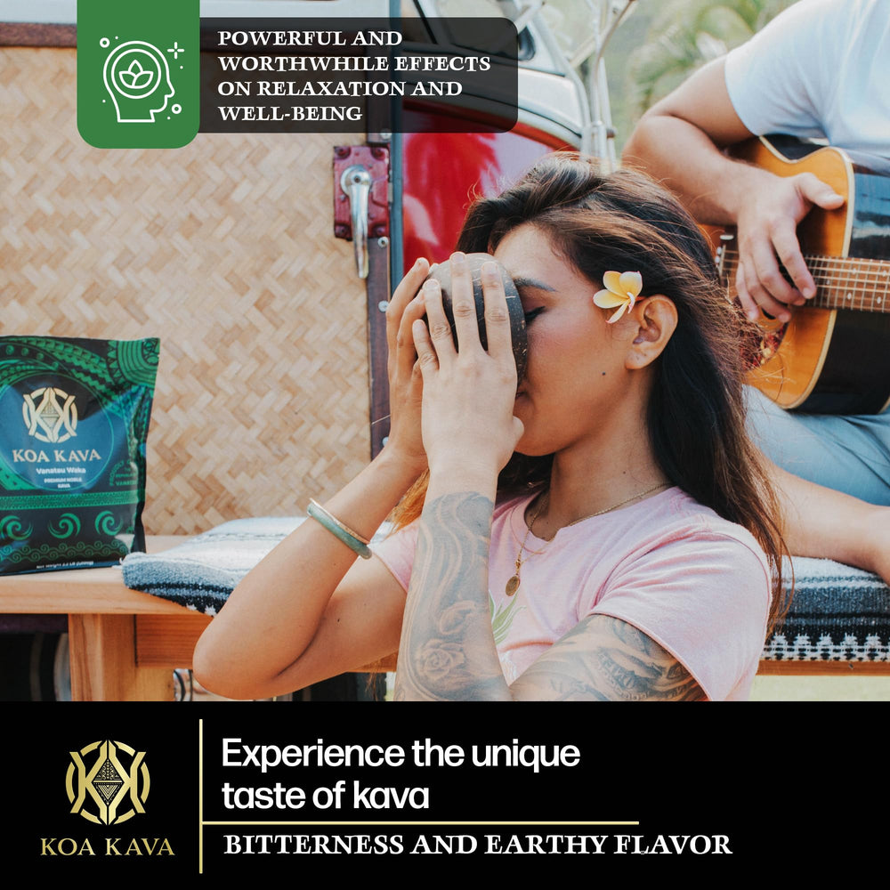 Escena lifestyle con Koa Kava en mesa promoviendo relajación nocturna