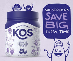 KOS batido de acai servido en vaso demostrando uso fácil y sabor