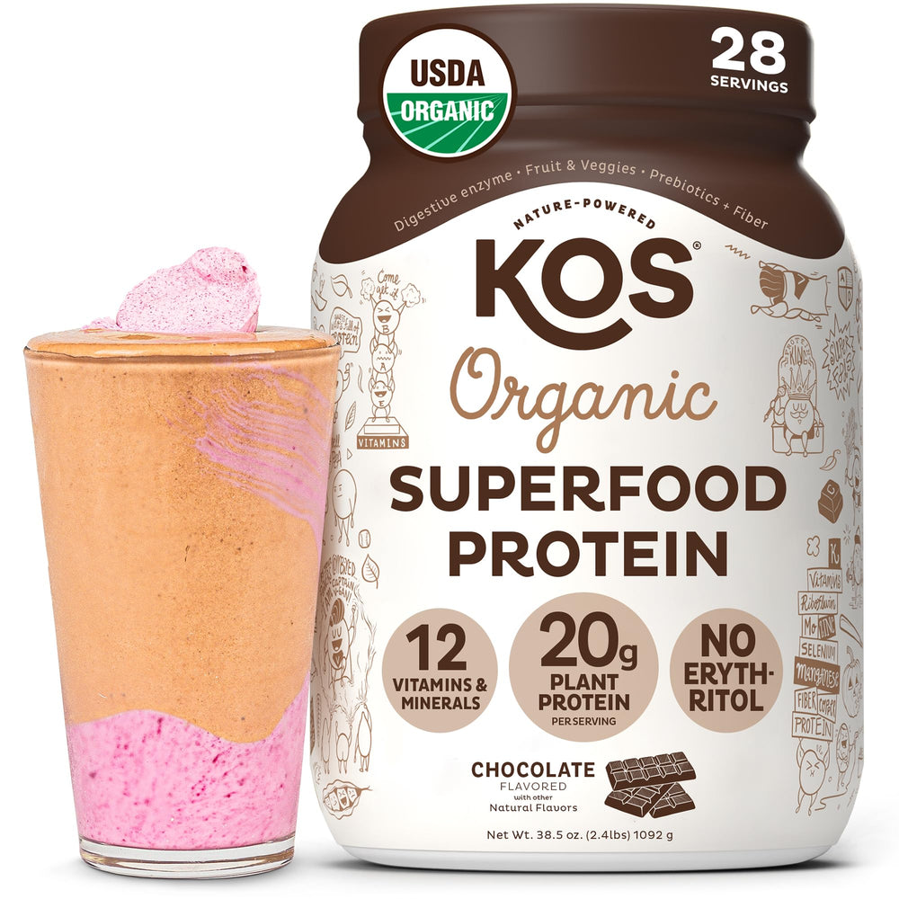 KOS envase frontal mostrando sabor chocolate y beneficios claros