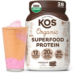KOS envase frontal mostrando sabor chocolate y beneficios claros
