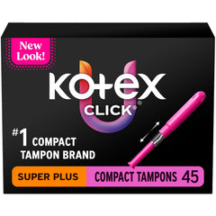 Kotex empaque frontal mostrando 45 tampones compacto y beneficio de discreción