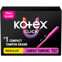 Kotex tampón Click compacto frente del empaque mostrando cantidad y formato