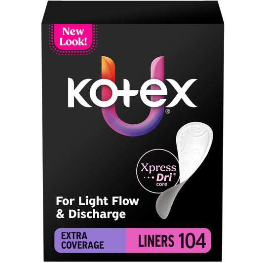 Kotex empaque frontal mostrando 104 protectores, protección discreta inmediata