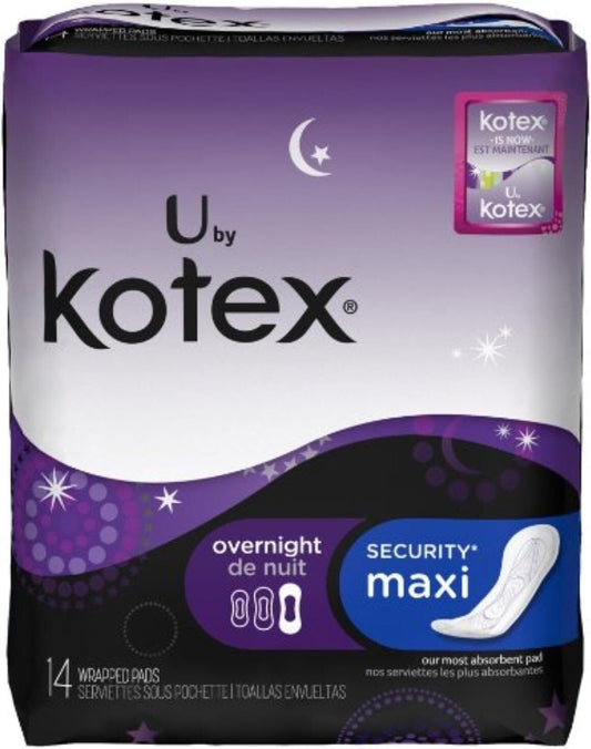 Kotex vista frontal del empaque con 2 paquetes y 28 toallas, seguridad nocturna