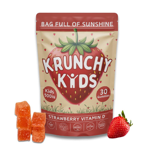 Krunchy Kids gomitas D3 sabor fresa real para apoyo diario de huesos