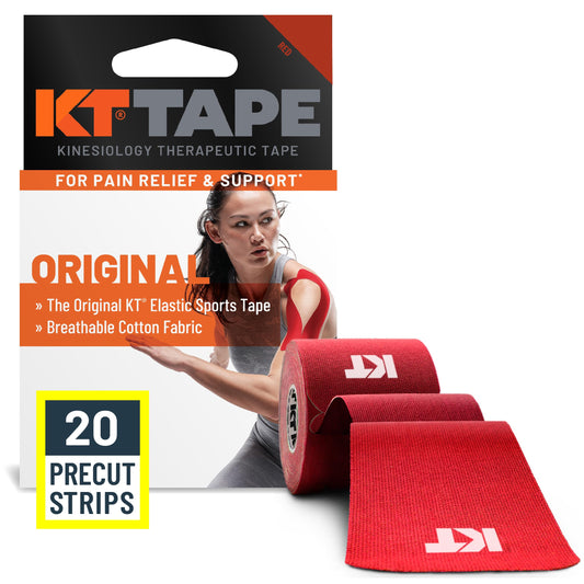 KT Tape empaque frontal rojo mostrando 20 tiras, fácil identificación y conveniencia