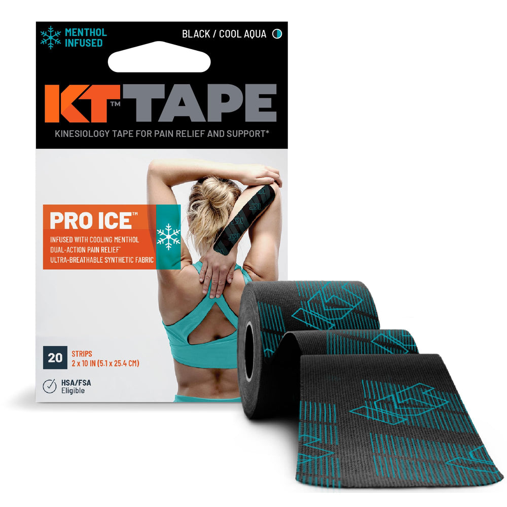 KT Tape Pro Ice empaque frontal mostrando tiras negras y conteo 20