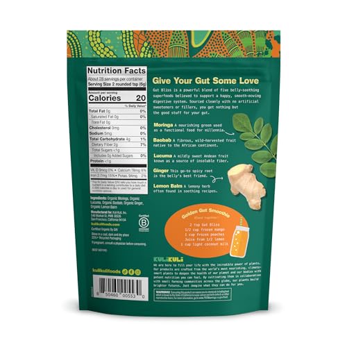 Kuli Kuli Gut Bliss ingredients panel shows moringa, baobab, and lemon balm.