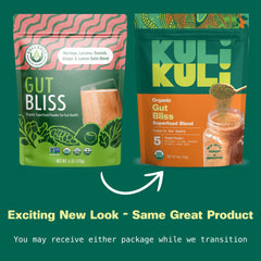Kuli Kuli Gut Bliss powder scoop ready for smoothies and yogurt.