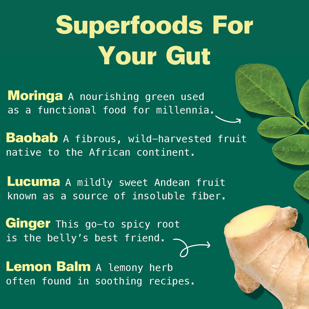 Kuli Kuli Gut Bliss yogurt bowl with powder sprinkled for gut-friendly boost.