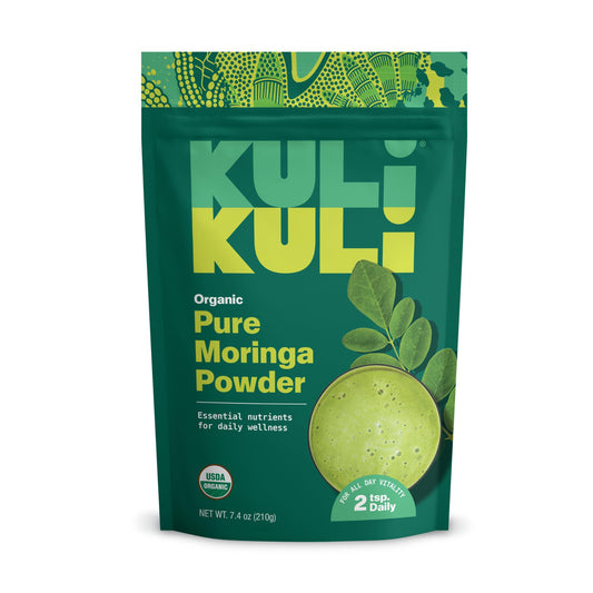Kuli Kuli moringa powder bottle showing pure organic greens for smoothies.