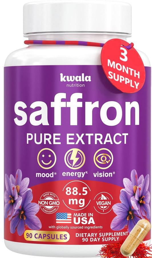 Kwala Nutrition saffron bottle front showing 90 capsules for daily mood and energy support