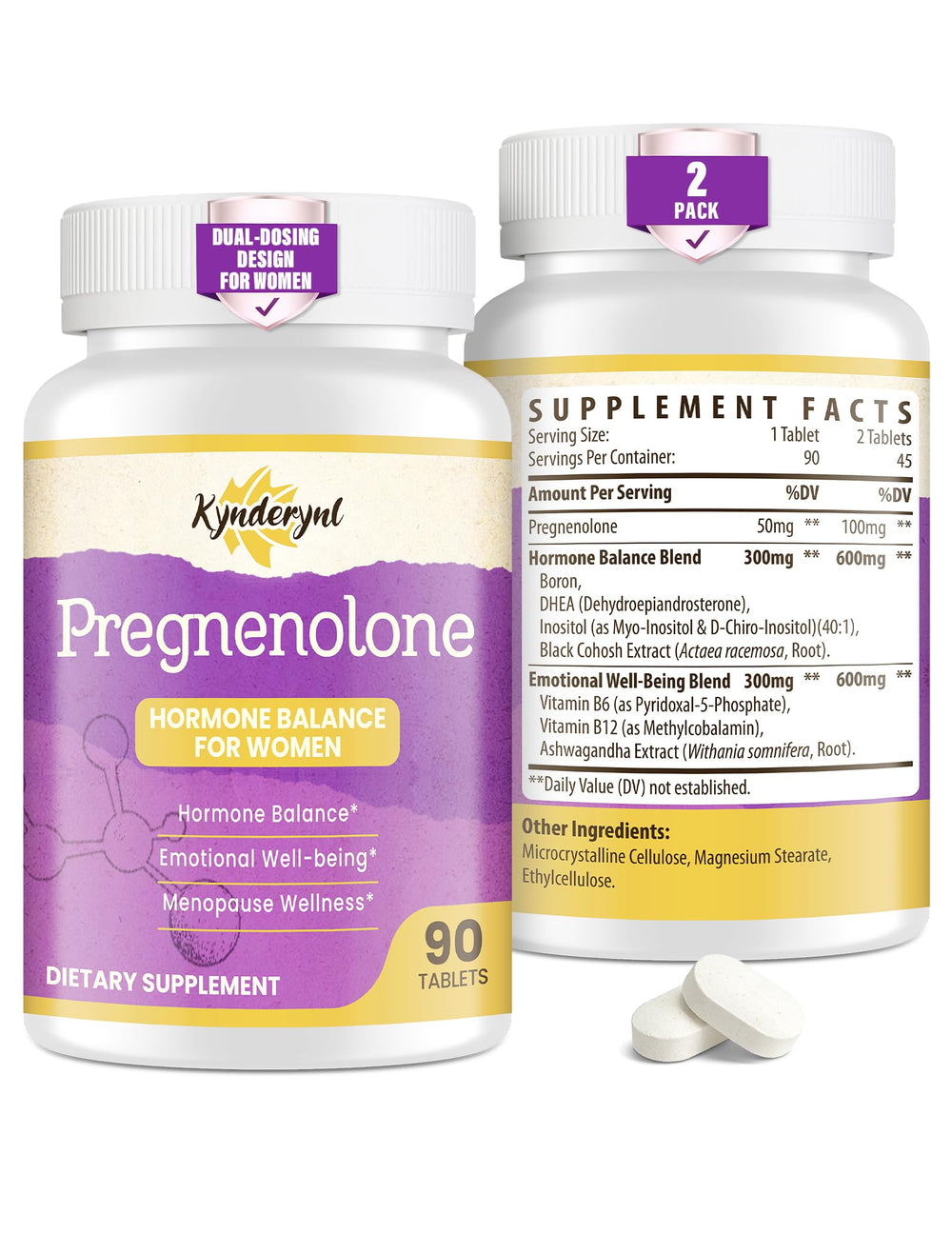 Kynderynl pregnenolona, dosis dual, opción 50 mg o 100 mg para mujeres.