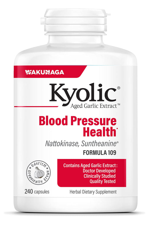 Kyolic frasco frontal mostrando etiqueta y beneficios para corazón