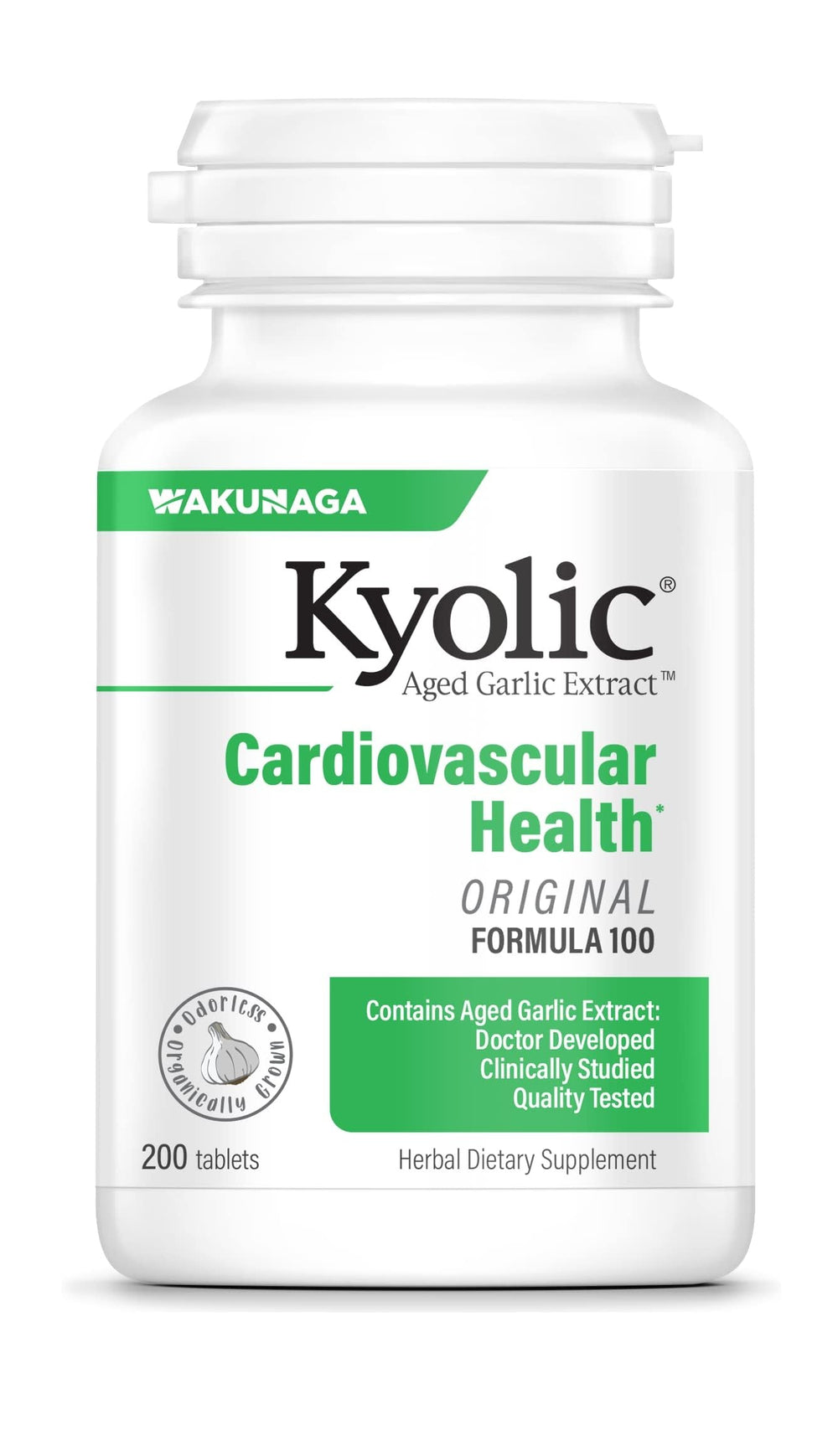 Kyolic frasco al frente mostrando 200 tabletas, fácil dosificación