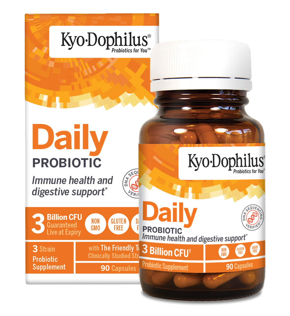 Kyolic Kyo-Dophilus frente del empaque mostrando etiqueta y beneficios visibles
