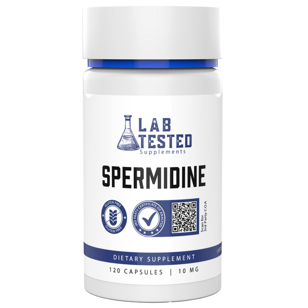 Lab Tested Supplements frasco frontal con etiqueta clara y beneficios de transparencia
