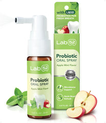 LAB 52 envase frontal del spray bucal mostrando la etiqueta y tamaño portátil