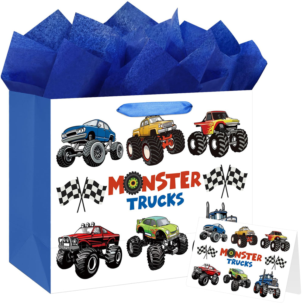 Laidans bolsa frontales con diseño monster trucks, presentación festiva
