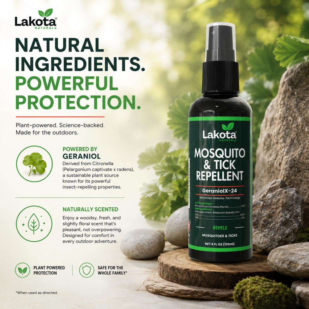 Lakota Naturals frasco de 4 oz junto a objetos para comparar tamaño portátil