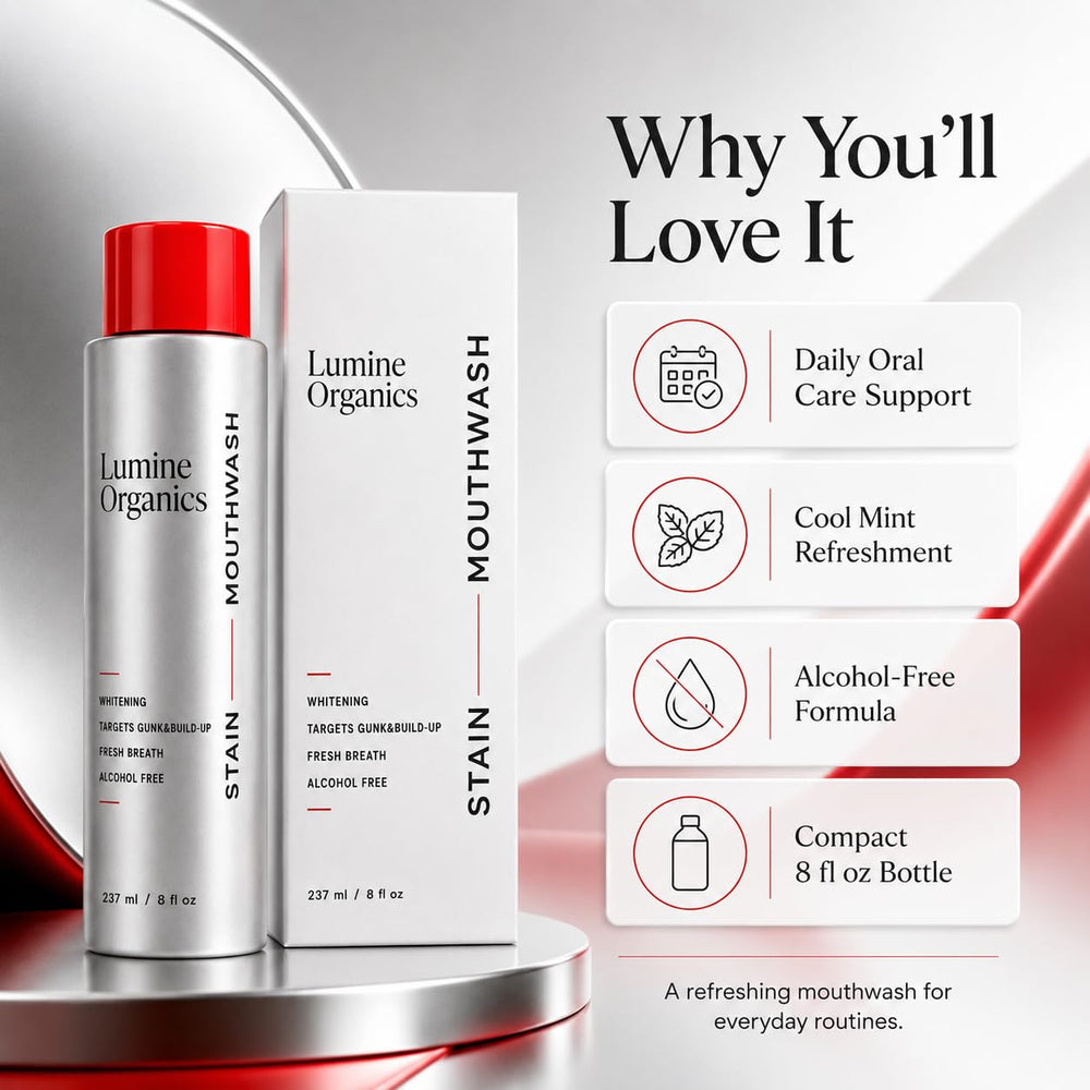 Lumine Organics Mouthwash dentro de un neceser de viaje subrayando su practicidad