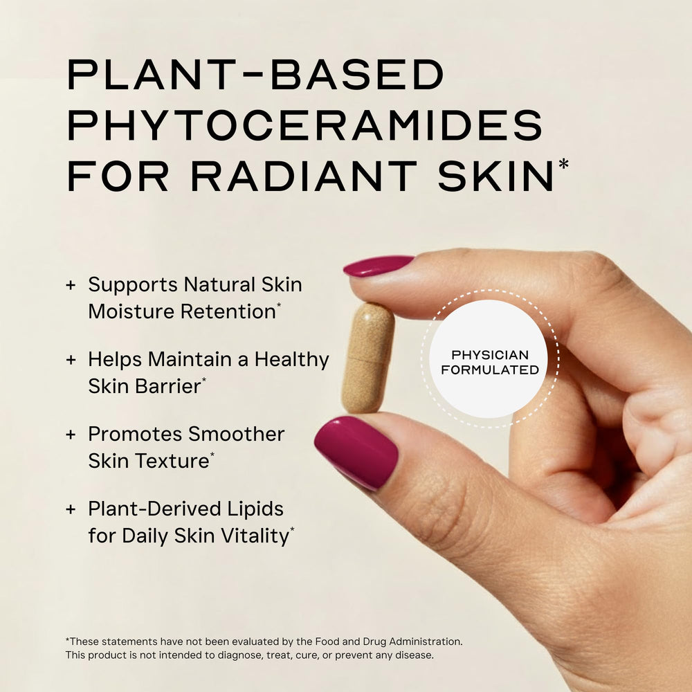 Etiqueta clara muestra formulación con ceramidas y vitaminas para piel radiante