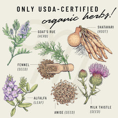 Ingredientes orgánicos: goat's rue, shatavari y hinojo presentados frescos y limpios