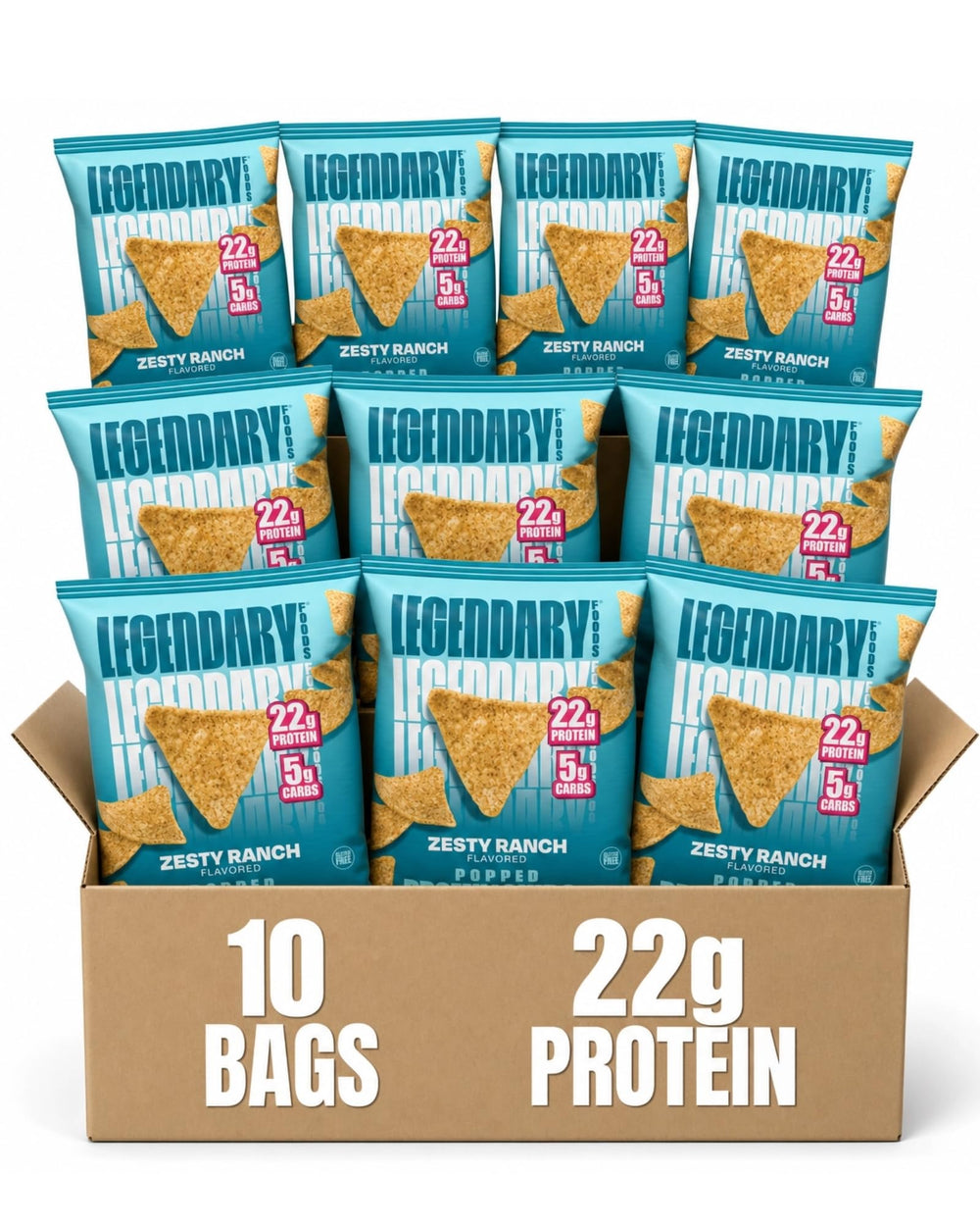 Legendary Foods empaque frontal mostrando 22g proteína y beneficio portable