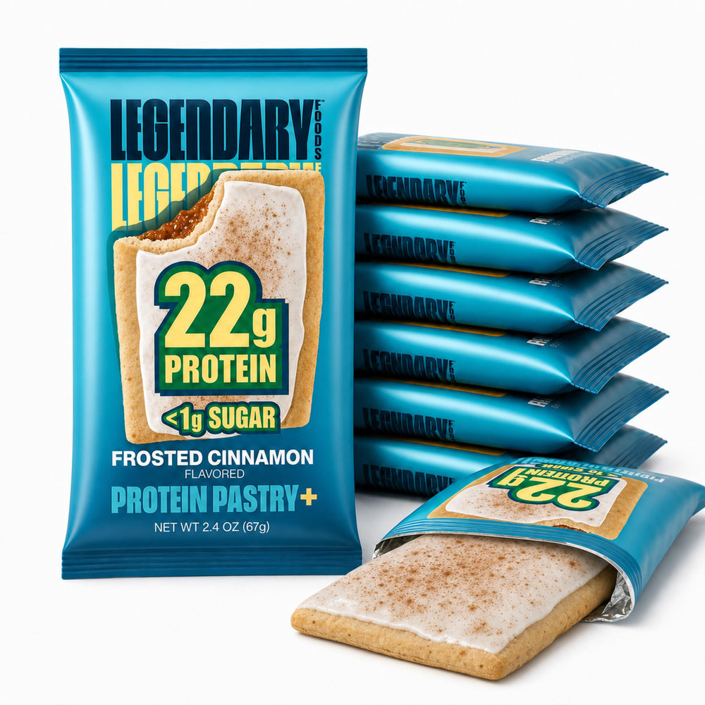 Legendary Foods pastelito frontal mostrando envase y glaseado, ideal para snack proteico