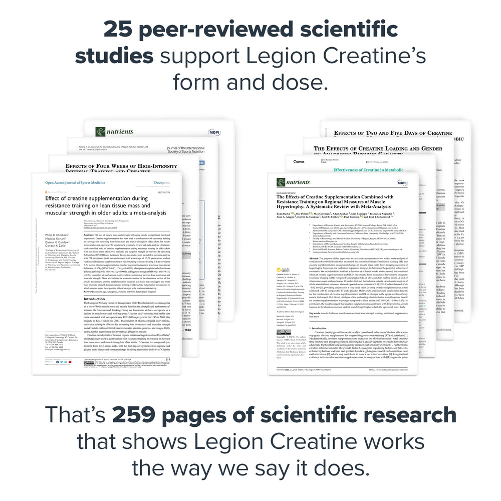 LEGION Creatina micronizada con cucharada de medida para dosis consistente.