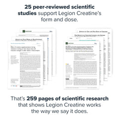 LEGION Creatina micronizada con cucharada de medida para dosis consistente.