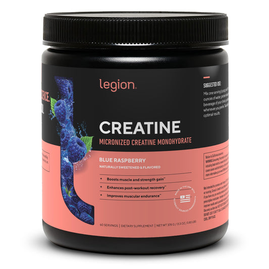 LEGION Creatina micronizada en pote azul para músculo y recuperación.