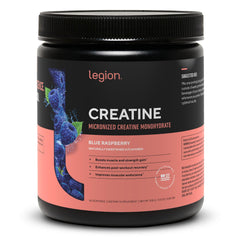 LEGION Creatina micronizada en pote azul para músculo y recuperación.