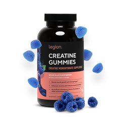Envase frontal LEGION Creatine Gummies mostrando diseño y sabor Raspberry