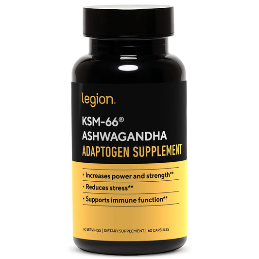 LEGION KSM-66 Ashwagandha en cápsulas para apoyar ánimo y concentración.