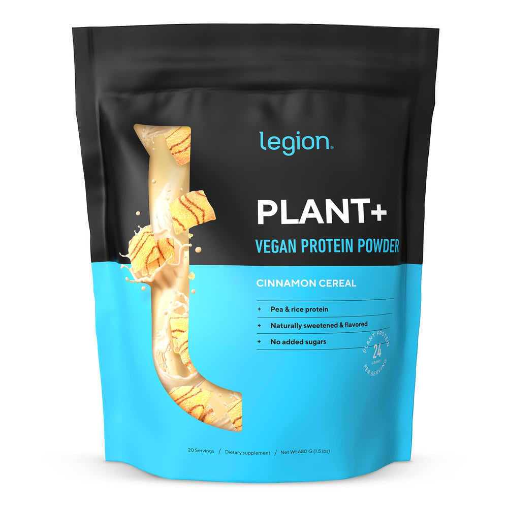 Legion Plant+ Proteína con cuchara medidora, ideal para batidos de 24 g de proteína vegetal.