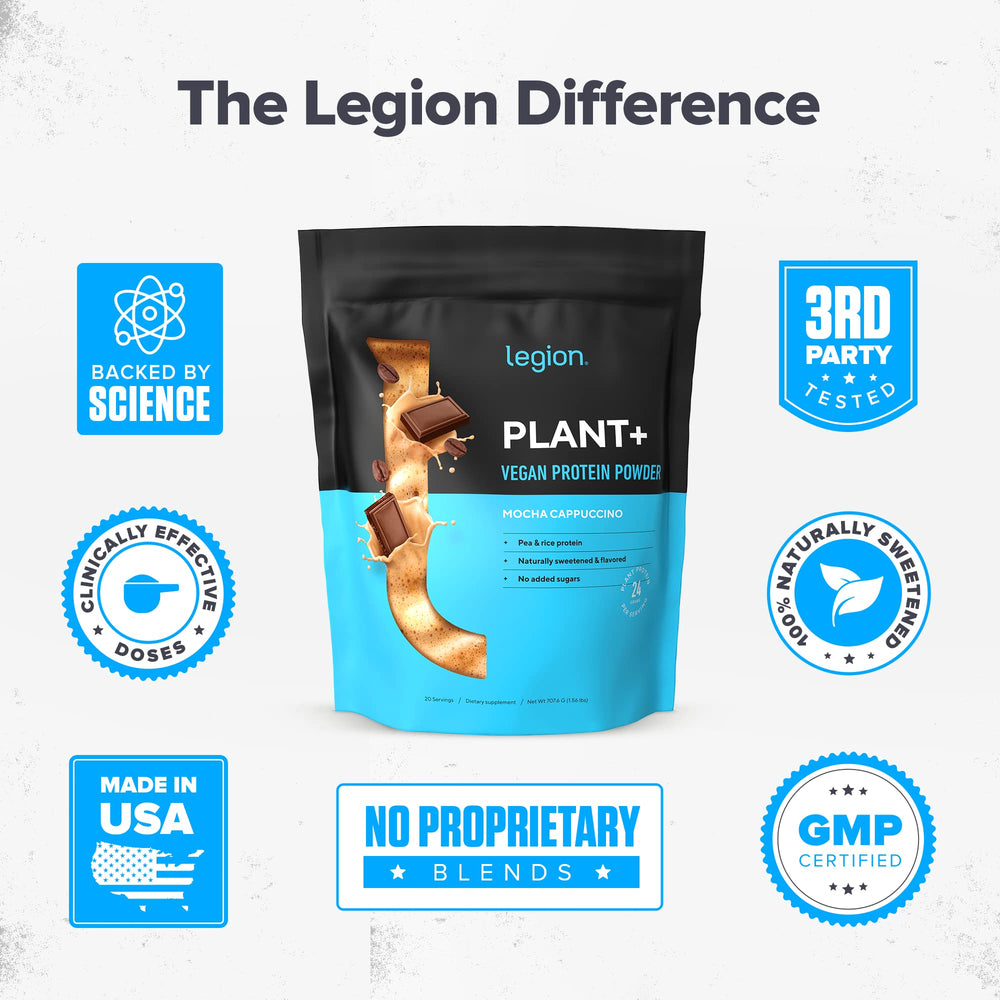 Legion Plant+ Proteína polvo canela en batido, fácil de mezclar.